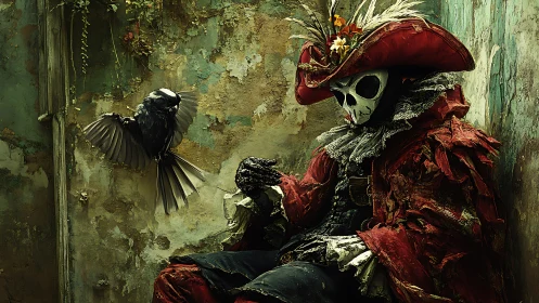 Masquerade reaper waits with blackbird in crumbling alley.