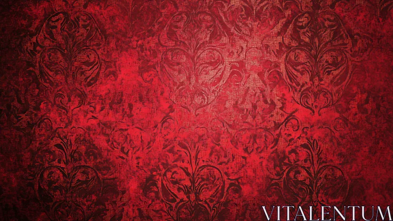 Red ornamental texture displays distressed damask pattern