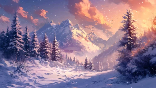 Snowy mountain valley under vivid winter sunset sky.