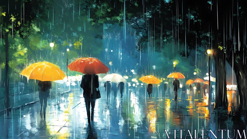 Rainy city street with glowing umbrellas at night.