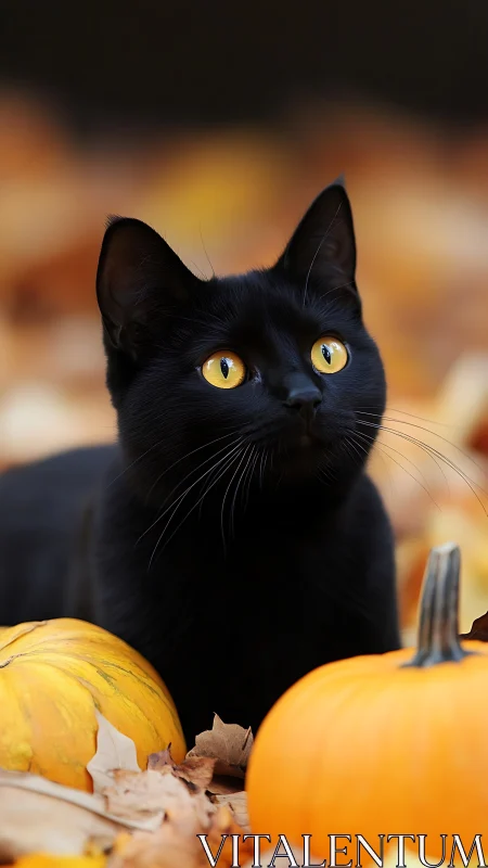 Black cat with striking amber eyes surrounded by autumn pumpkins