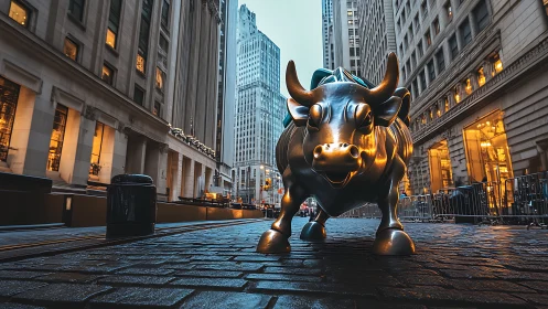 Bronze bull sculpture dominates low-angle urban streetscape