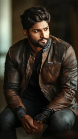 Male subject in brown leather jacket seated indoors. Period.