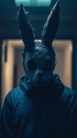 Backlit corridor portrait shows hooded figure in distressed rabbit mask