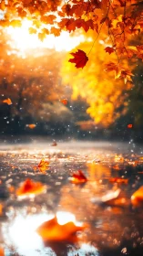 Golden autumn leaves over reflective water surface at dusk.