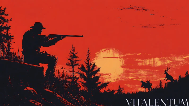 Silhouette hunter composition against red frontier sunset.