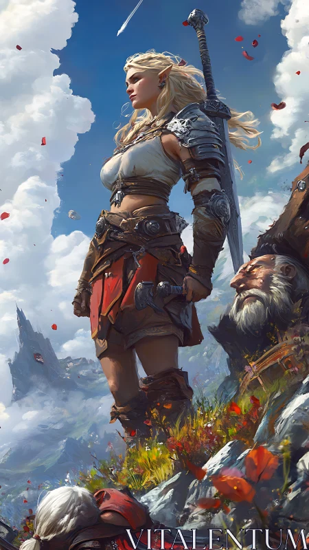 Elf warrior stands on rocky slope amid fallen fighters