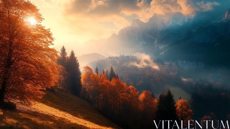 Sunlit autumn forest descends toward misted alpine mountains