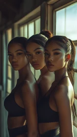 Sunlit trio carves mirrored silhouettes in warm windowlight