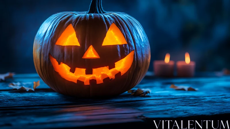 Carved jack o lantern on wooden table with candlelight glow.