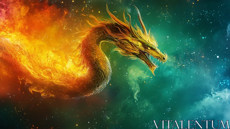 Fiery cosmic dragon sweeping across glowing nebula sky.