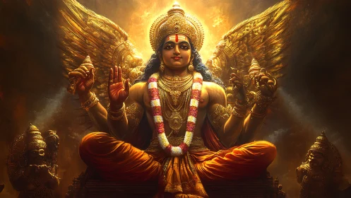 Radiant winged deity enthroned in luminous golden aura.
