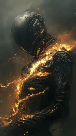 Molten guardian in charred armor ignited by inner flames.