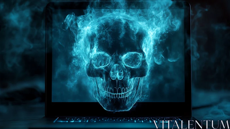 Ghostly cyber skull rises from neon-smoked laptop screen.