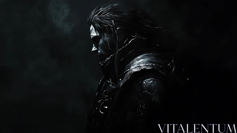 Brooding armored figure emerges from shadowed darkness.