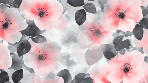 Pink Flowers and Gray Leaves in Soft Watercolor Bloom.