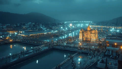 Golden riverside temple hums softly beneath storm-blue dusk