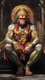 Divine simian guardian seated on ornate golden throne.