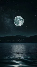 Moonlit lake glows softly beneath a deep starlit sky