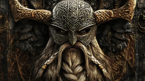 Horned helmeted warrior portrait with braided beard.