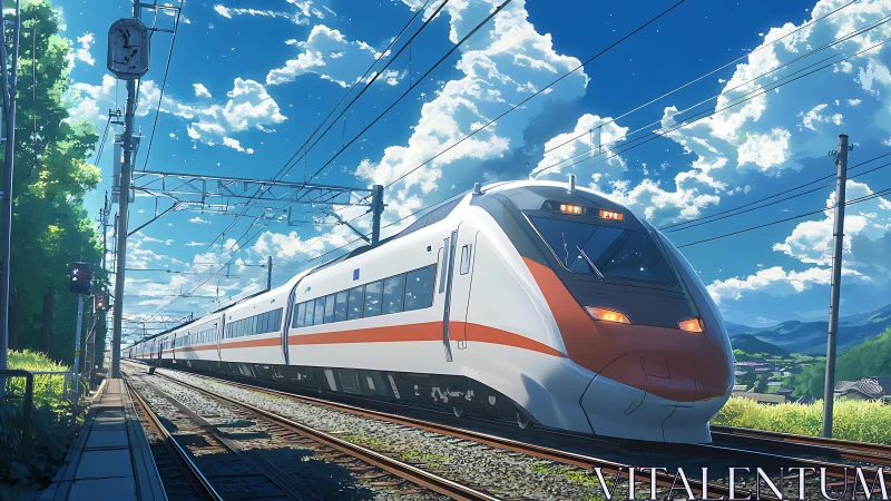 High-speed anime train cutting through rural summer sky.