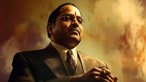 Formal portrait of besuited leader under dramatic warm sky lighting