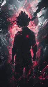 Backlit anime warrior in crimson energy vortex silhouette