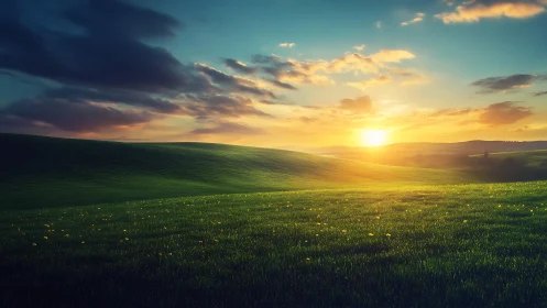 Golden sunrise gently warms a rolling green meadow