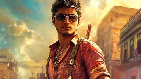 Urban adventurer strides through burning gold cityscape.