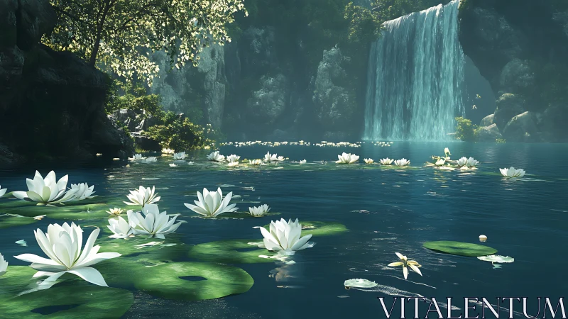 Tranquil lily pond gently cradled beneath a soft waterfall.