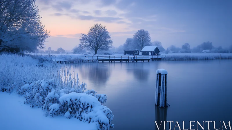 Photorealistic winter lakeside with pier and distant cottage.