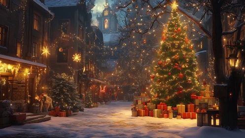 Snowy city street shows illuminated Christmas tree and gifts