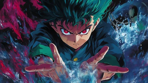 Intense anime hero unleashes twin elemental energy blast.