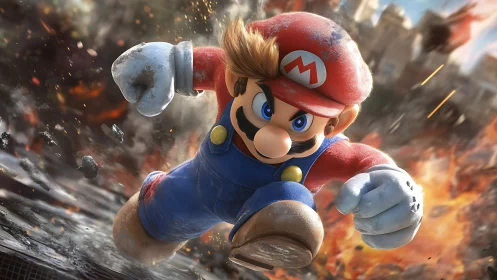 Brave mustached hero charges ahead through flying sparks.