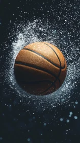 Soaring basketball spins through a bright burst of energy