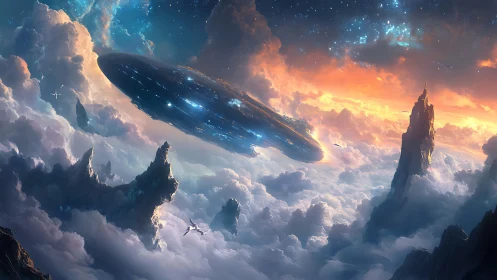 Titanic starship glides above luminous storm clouds at dawn