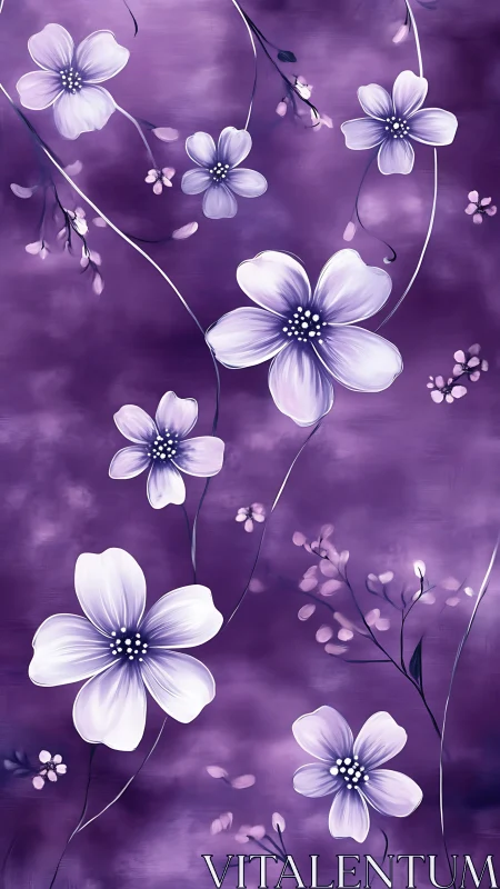 Purple floral pattern with white blossoms on soft background.