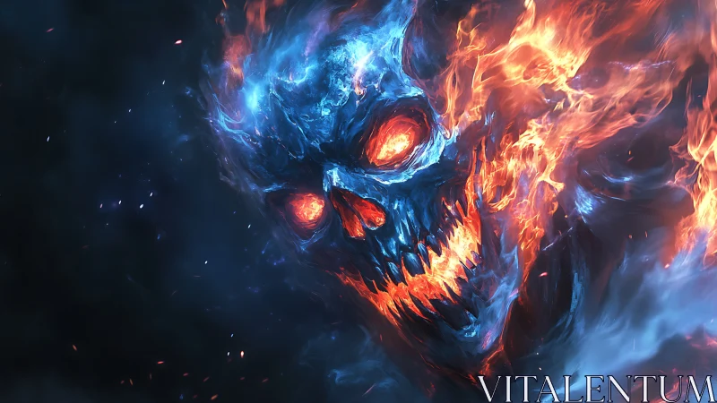Firestorm skull grins where blue lightning weds molten flame
