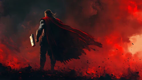 Armored warrior in red cape surveys burning battlefield horizon