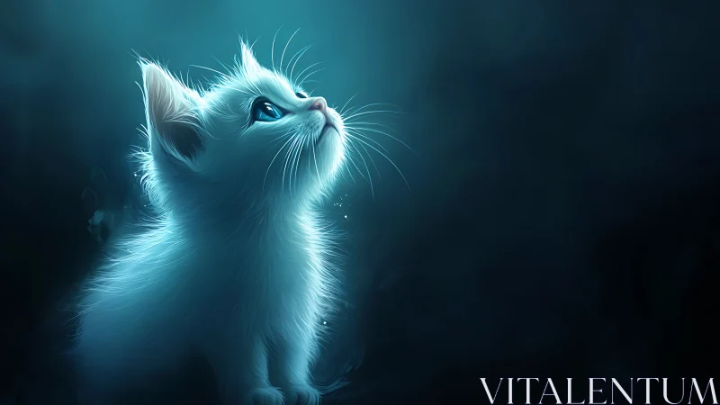 Luminous White Cat Gazing Upward in Ethereal Teal Glow.