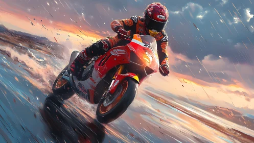 Storm-slicing superbike rider skimming firelight rainroads.
