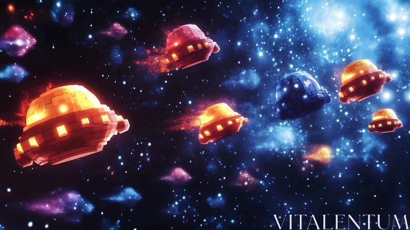 Voxel starcraft flotilla traversing nebular particle field.