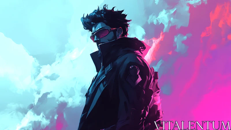 Cyberpunk operative stands against neon cyan and magenta sky