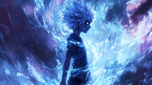 Side-lit anime youth engulfed in dynamic blue plasma vortex field