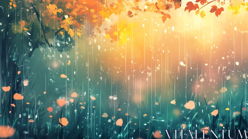 Golden rain over quiet forest grass in soft evening light.