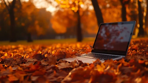 Laptop computer on autumn leaf carpet in shallow depth of field.