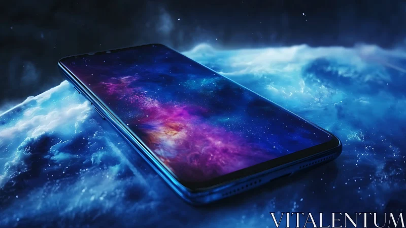 Galaxy-screen smartphone drifting through luminous nebulae.