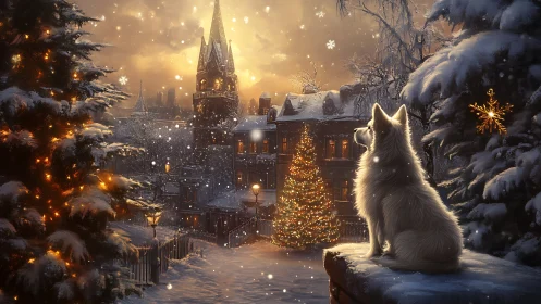 White dog watches a magical snowy Christmas town at dusk.