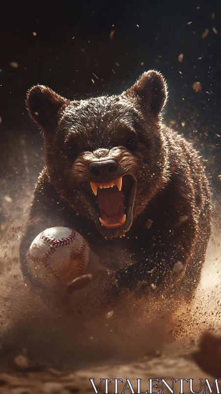 Aggressive bear charging through dust toward a spinning baseball