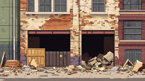 Brickside garage ruins and quiet rubble-strewn city hush.